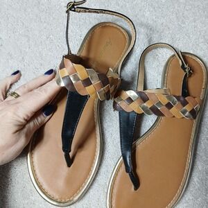 American Eagle Women's braided Thong T-Strap Sandals Size 10 dark Brown metallic